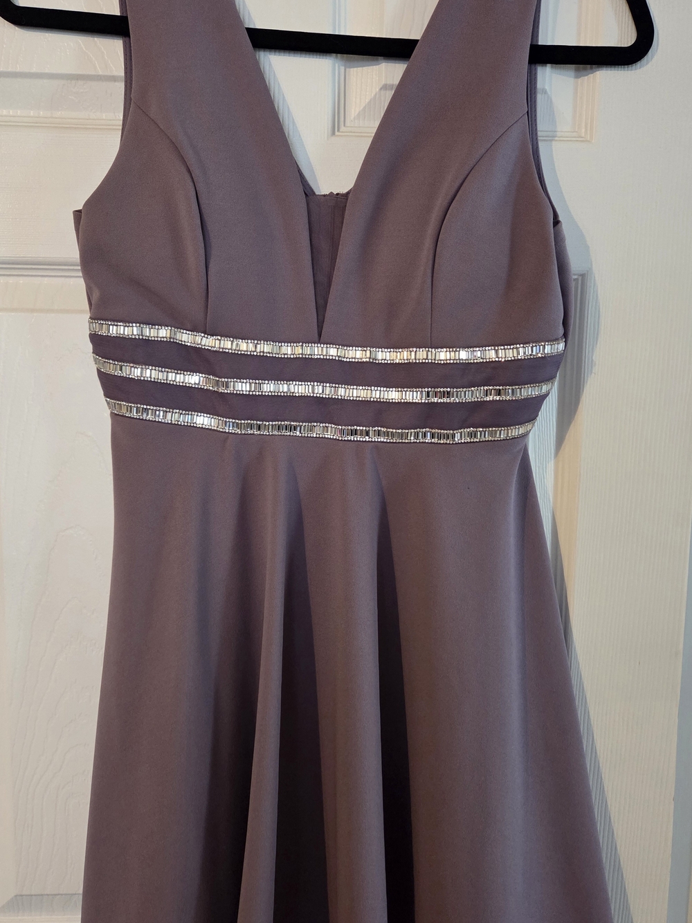 Scala Dusty Mauve V-Neck Prom Dress with Beaded Waist Trim